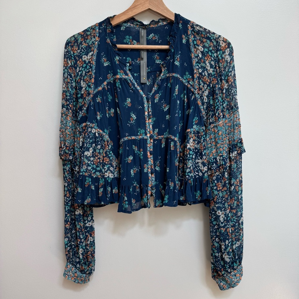 Anthropologie Navy Floral Ruffled Peasant Blouse - Picture 2 of 15